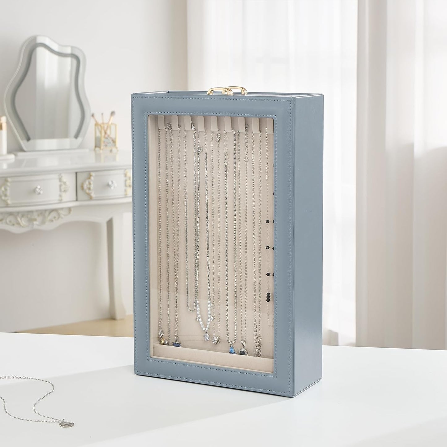 2-Layer Necklace Organizer Box with Clear Lid