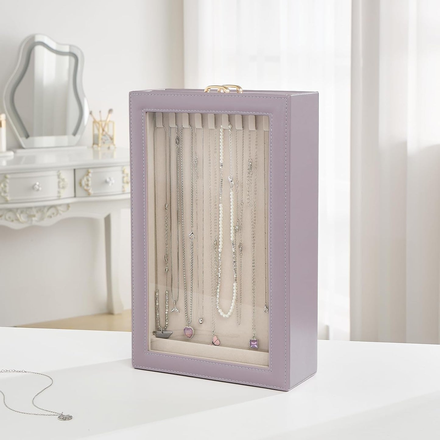 2-Layer Necklace Organizer Box with Clear Lid