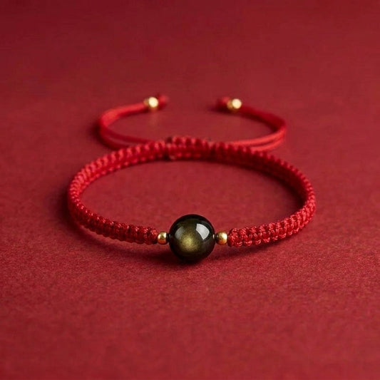 Exclusive: Buddha & Karma Red String Golden Obsidian Bracelet