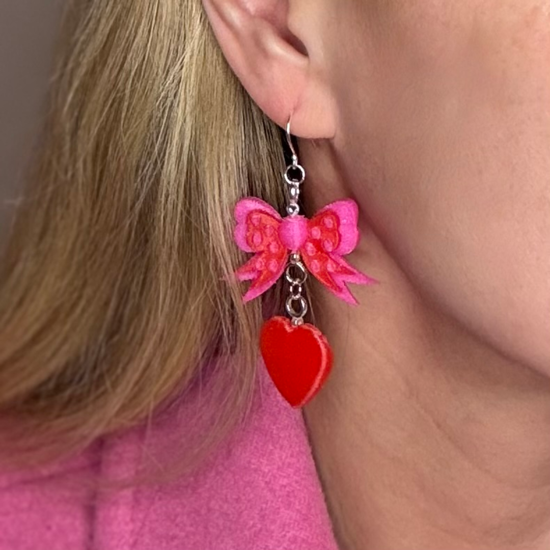 Bow & Heart Dangle Earrings – Sterling Silver Hooks