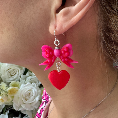 Bow & Heart Dangle Earrings – Sterling Silver Hooks