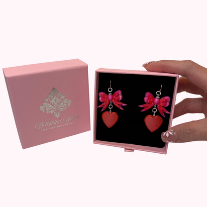 Bow & Heart Dangle Earrings – Sterling Silver Hooks