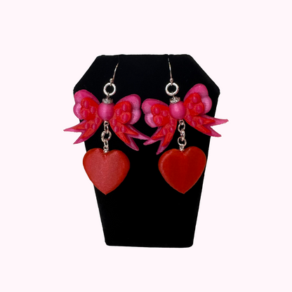 Bow & Heart Dangle Earrings – Sterling Silver Hooks
