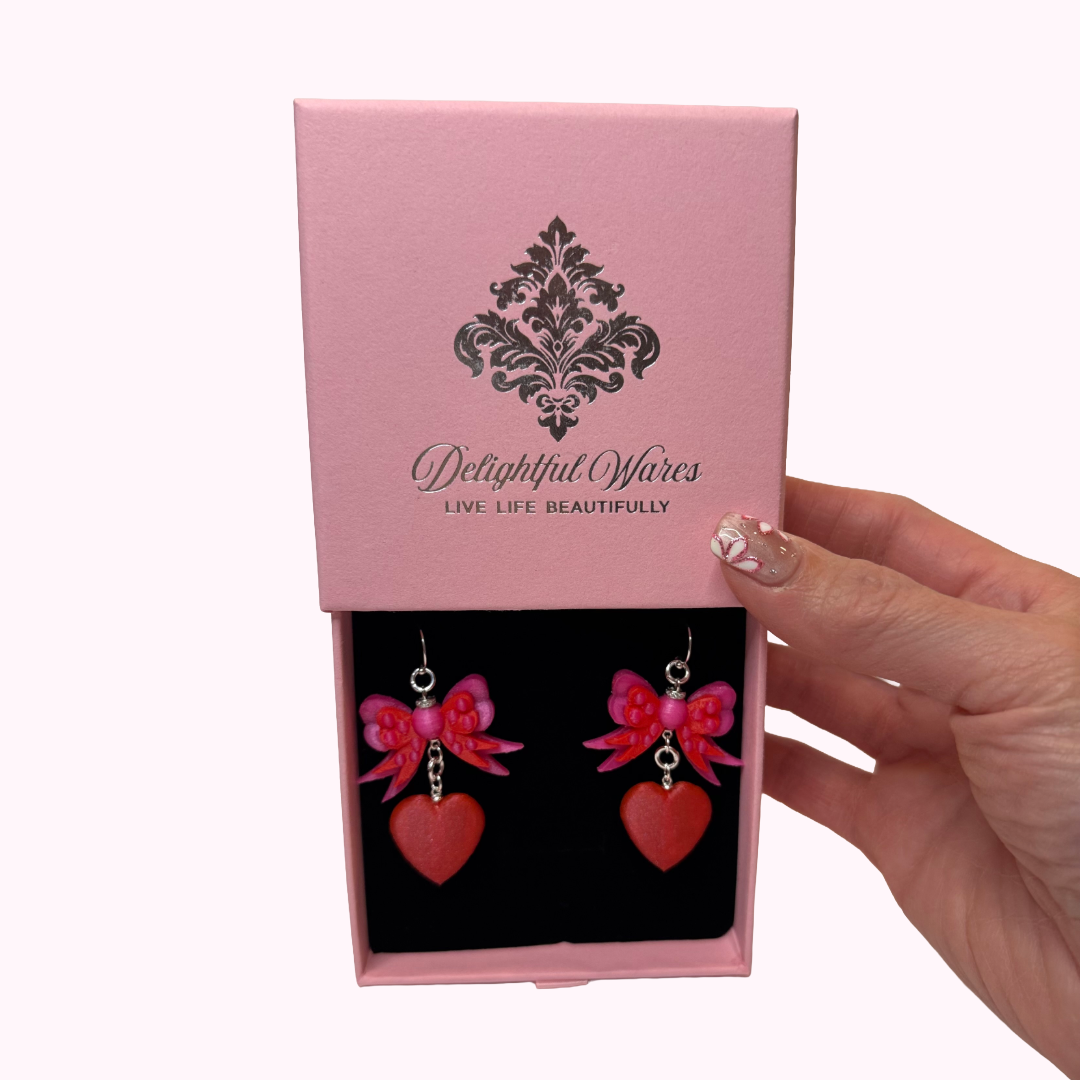 Bow & Heart Dangle Earrings – Sterling Silver Hooks
