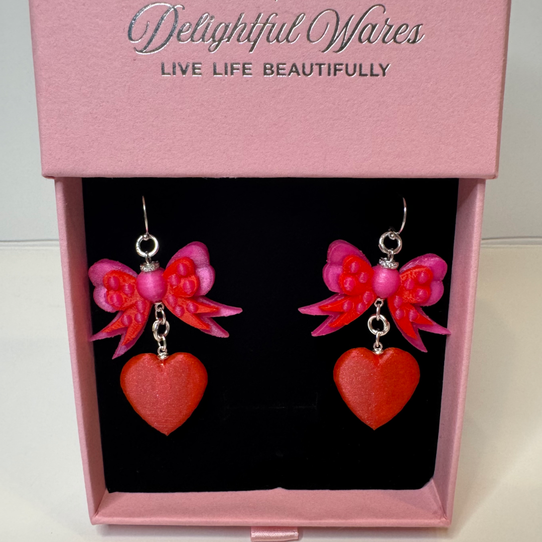 Bow & Heart Dangle Earrings – Sterling Silver Hooks