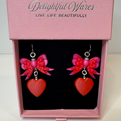 Bow & Heart Dangle Earrings – Sterling Silver Hooks